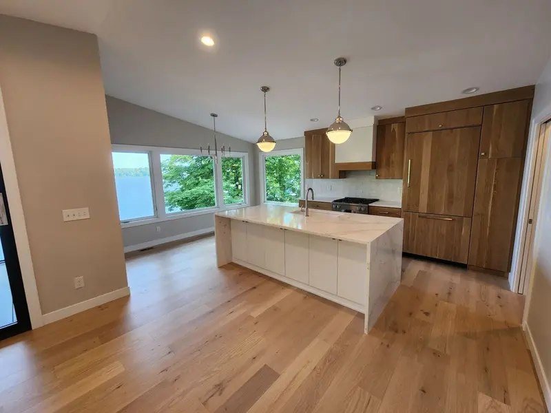 Lakeview kitchen with waterfall island